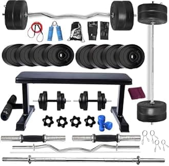 BODYFIT Home Gym Set Combo Kit, Equipment, (20Kg-100Kg) Weight Plates, 3Ft Curl, 5Ft Plain Rod, Flat with Leg Bench,2 x Dumbbell Rods,Fitness Exercise Set. (20 Kg Set)