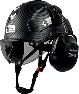 Safety Helmet with Visor Ear Muffs Work at Hight Abs Hard Hats for Industrial Construction Head Protection ANSI Z89.1 Approve (Matte Black+Tinted Visor+B07 Ear Muffs)