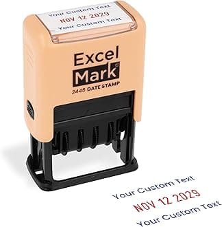 ExcelMark 2445 Date Stamp with Text - Blue and Red Ink (Peach Mount, Custom)