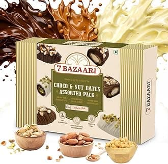 Premium Choco & Nut Dates - Gluten Free, Natural Ingredients - Assorted Almond Dark Chocolate, Cashew Milk Chocolate- 6pcs (Pack of 1)
