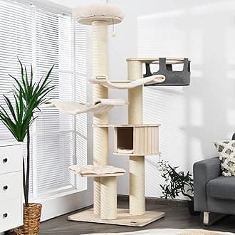Large Cat Tree, Multi-Level Tall Cat Tower with Sisal Scratching Posts, Hammocks, Hanging Basket, Cat Condo and Removable Washable Cushions, Modern Wood Cat Tree for Indoor Cats Large Adult