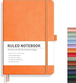 Lined Journal Notebook, 192 Numbered Pages, A5 Medium Size (5.7'' x 8.3''), for Men & Women, Journaling, Writing, Work & Office, Leather Hardcover, 100 GSM Thick Paper (Orange)