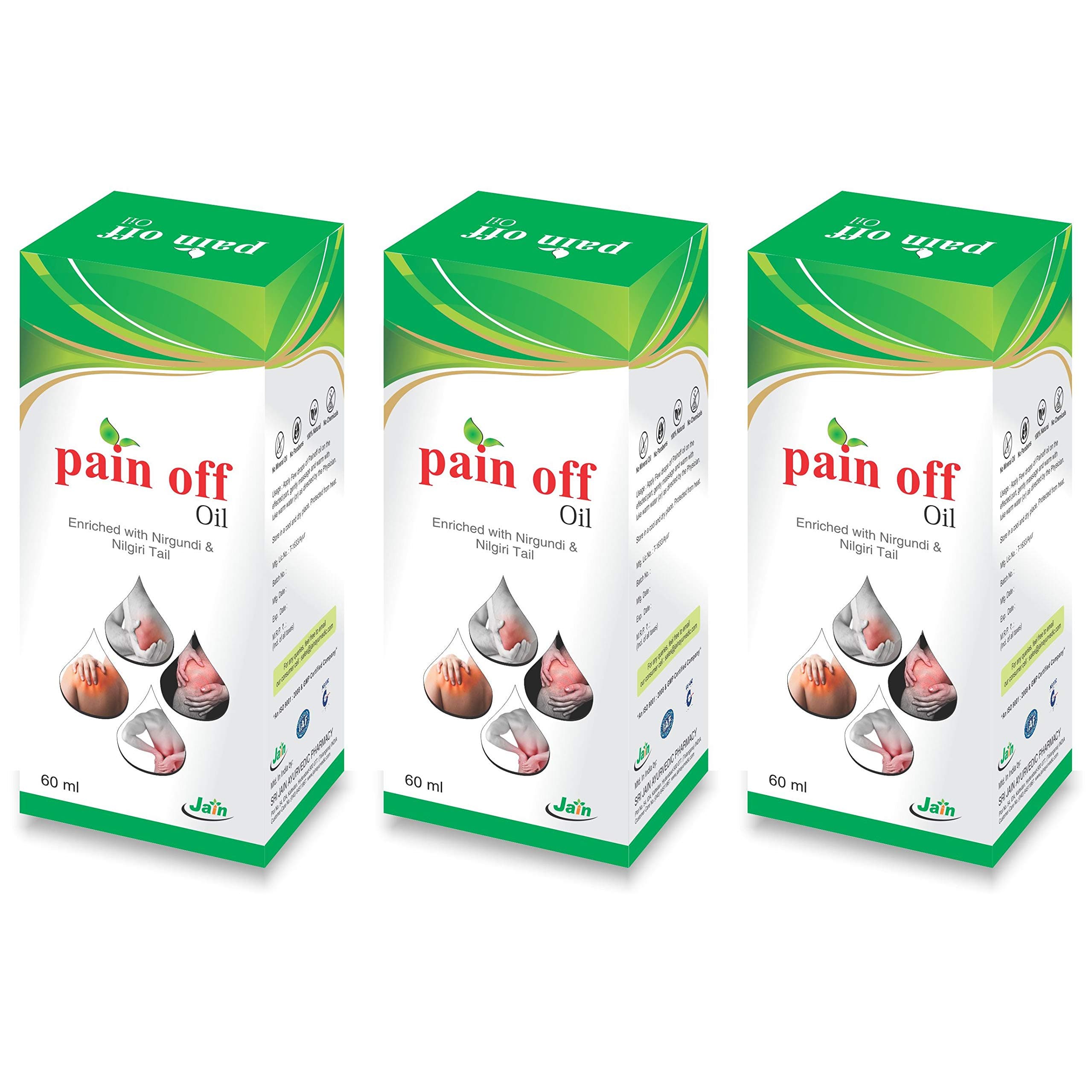 Jain Pain Off Oil, Ayurvedic Formula (For Pain in Body, Back, Knee & Legs) - 60ml (Pack of 3)