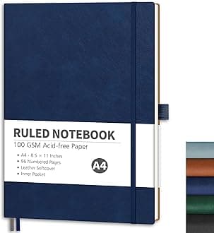 Lined Journal Notebook, 96 Numbered Pages, A4 Large Size (8.5'' x 11''), for Men & Women, Journaling, Writing, Work & Office, Leather Softcover, 100 GSM Thick Paper (Navy Blue)