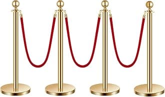 VEVOR Stanchions and Velvet Ropes 4Pcs, Hollow Base with Stainless Steel Post, 3 Red Velvet Ropes and Posts, Crowd Control Barriers Gold Stanchions, Red Carpet Runner Poles for Party Supplies