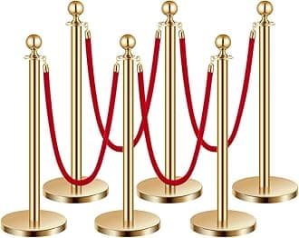 VEVOR Stanchions and Velvet Ropes 6Pcs, Hollow Base with Stainless Steel Post, 4 Red Velvet Ropes and Posts, Crowd Control Barriers Gold Stanchions, Red Carpet Runner Poles for Party Supplies