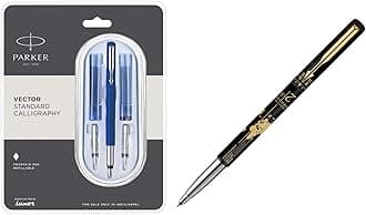 Calligraphy CT Fountain Pen (Blue) Moments Vector Timecheck Gold Trim Roller Ball Pen (Black)