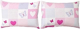 Kids Pillow Cases 2 Pack - Hearts and Butterflies Patchwork - Pink Pillow Covers for Girls Duvet Cover Sets or Kids Travel Pillow - Pair of Childrens Pillowcases (Extra) - 50x75cm