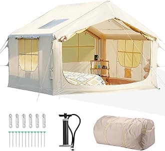 Glamcamp 4-6 Person Inflatable Tent - Quick Setup Air Tent with Stove Jack, 420D Oxford (PU2000), 15cm Air Beams, 2 Doors & Windows