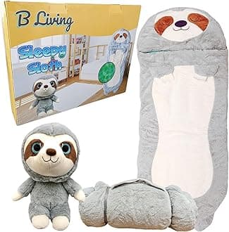 Kids Sleeping Bag With Pillow - Large Sleeping Bag For Children With Cute Plush Toy. Sloth Animal Sleeping Bags For Kids, Foldable Cosy Nappers For Sleepover, Happy Napping For Boys And For Girls.