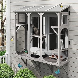 ketive Cat Catio, Expandable Window Box Enclosure for Multiple Indoor Cats, Comfortable Wooden Small Pet Perch House, All-Weather Use, Keep Bugs Insects Out, with 4 Platforms and 3 Doors